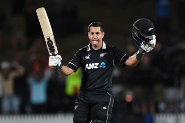 New Zealand's Ross Taylor celebrates his century during the first ODI against India at Seddon Oval in Hamilton on Wednesday. AP