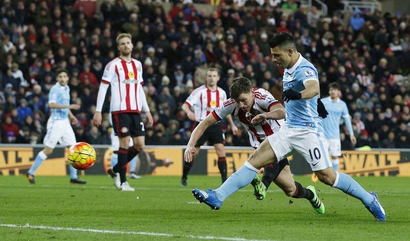 Sergio Aguero scores Manchester City’s first and only goal against Sunderland on Tuesday at the Stadium of Light. Lee Smith / Action Images / Reuters