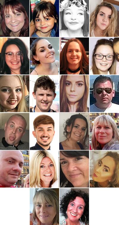 Photos of the 22 victims of the terror attack during the Ariana Grande concert at the Manchester Arena in May 2017. PA 