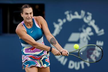 DUBAI, UNITED ARAB EMIRATES - FEBRUARY 21: Aryna Sabalenka plays a backhand against Lauren Davis of USA during her women's singles match on day three of the Dubai Duty Free Tennis at Dubai Duty Free Tennis Stadium on February 21, 2023 in Dubai, United Arab Emirates. (Photo by Christopher Pike / Getty Images)