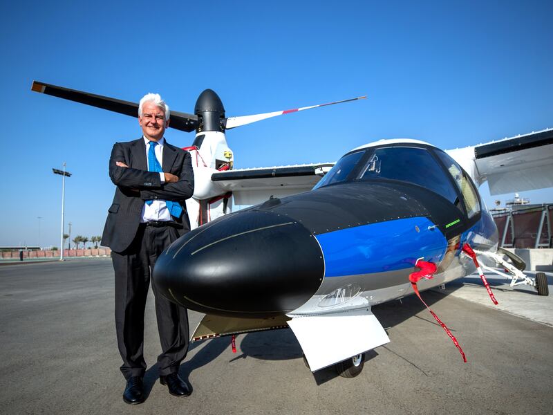 Alessandro Profumo, CEO of Leonardo at the Expo 2020 Dubai helicopter terminal with the AW609 TiltRotor aircraft. Victor Besa/The National.