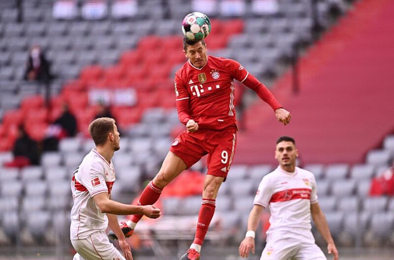 Robert Lewandowski heads home his second and Bayern's third goal. Getty