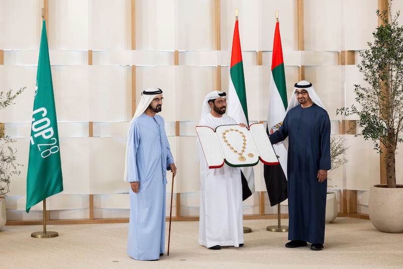 President Sheikh Mohamed and Sheikh Mohammed bin Rashid, Vice President and Ruler of Dubai, present the Order of the Union to Mohammed Al Junaibi, chairman of the Federal Authority for Protocol and Strategic Narrative