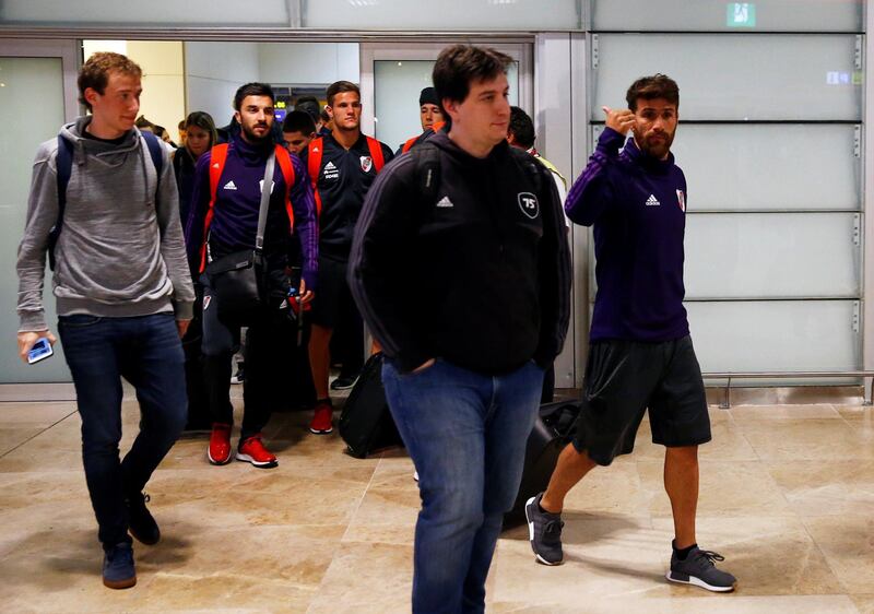 The River Plate squad arrive in Madrid ahead of the Copa Libertadores final to be played on Sunday at the Bernabeu against Buenos Aires rivals Boca Juniors. Reuters