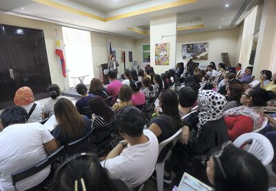 Dubai, August, 05, 2018: Phillipines Consul General of Dubai  Paul Raymund Cortes briefs the Amnesty seekers at the  consulate in Dubai. Satish Kumar for the National/ Story by Nick Webster
