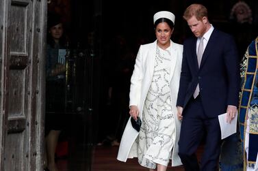 Meghan, the Duchess of Sussex and Britain's Prince Harry leave after attending the Commonwealth Service at Westminster Abbey in March. AP