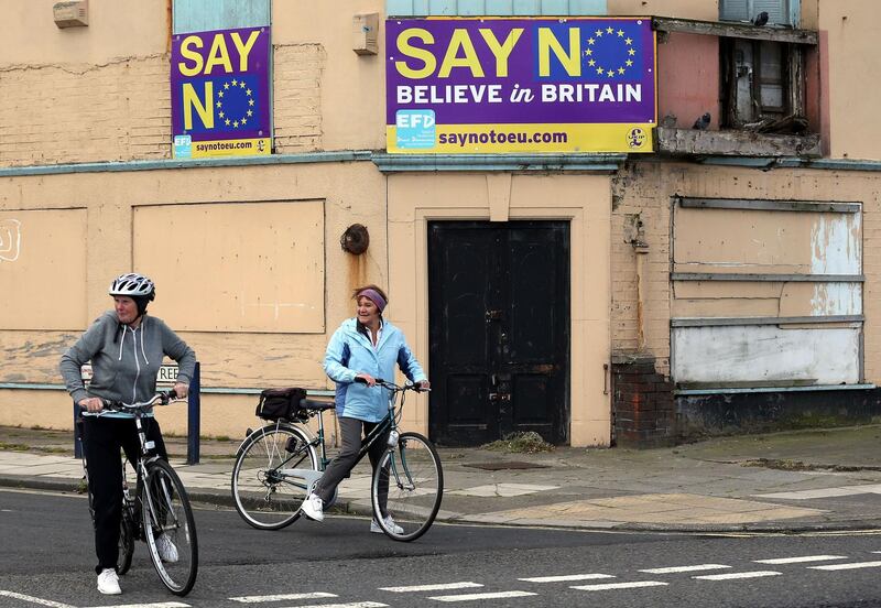 Pro-Brexit boards are displayed on a building in Redcar, north east England. AFP