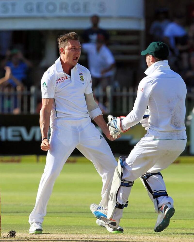 Dale Steyn, left, took four Australia wickets on Day 4 of the second Test at Port Elizabeth. Themba Hadebe / AP Photo