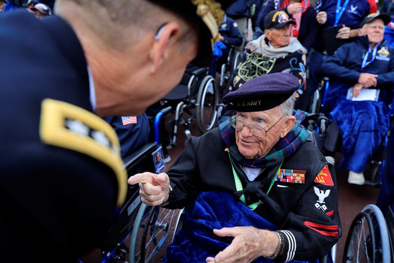 Gilbert Nadeau, a Second World War veteran from the US, attends a remembrance ceremony at Omaha Beach, on France's Normandy coast. Reuters