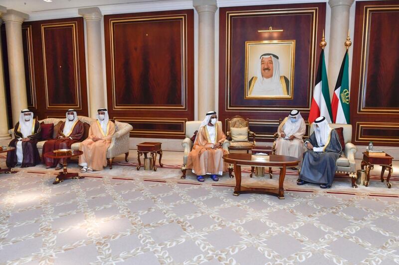 Sheikh Mohammed bin Rashid, Vice President and Ruler of Dubai, visits Kuwait to offer his condolences to the new emir, Sheikh Nawaf Al Ahmad, on the death of his brother, Sheikh Sabah Al Ahmad. Seen with Sheikh Mansour bin Zayed, Deputy Prime Minister and Minister of Presidential Affairs, Sheikh Ahmed bin Rashid, chairman of Dubai Aviation Authority and Emirates Airline Group, and Dr Anwar Gargash, Minister of State for Foreign Affairs. Courtesy: Dubai Media Office