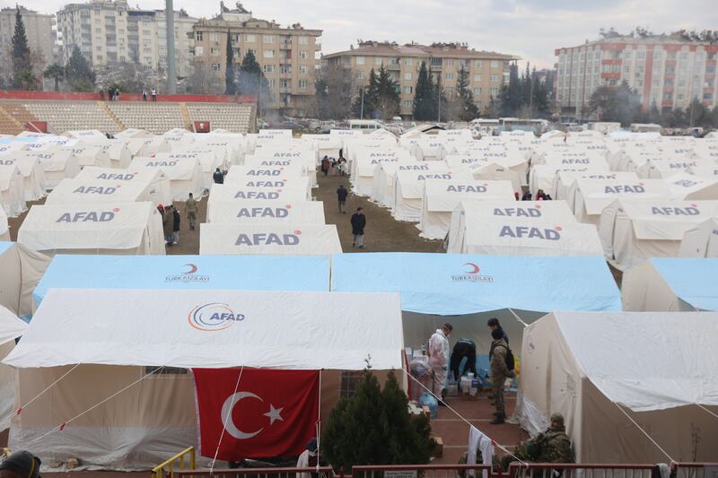 A makeshift camp erected in a stadium in the city of Kahramanmaras, southern Turkey. EPA