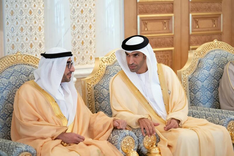 ABU DHABI, UNITED ARAB EMIRATES - March 25, 2019: HE Dr Thani Al Zeyoudi, UAE Minister for Climate Change and Environment (R) and HE Nasser bin Thani Juma Al Hamli, UAE Minister of Human Resources and Emiratisation (L), attend a meeting with HE Shavkat Mirziyoyev, President of Uzbekistan (not shown), during a reception at the Presidential Palace.

( Ryan Carter / Ministry of Presidential Affairs )
---