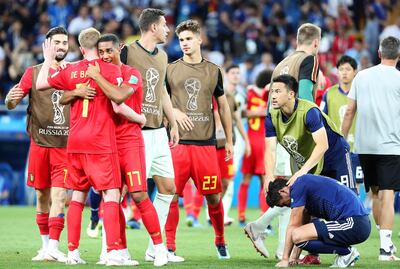 epa06859483 Players of Belgium (L) celebrate after the FIFA World Cup 2018 round of 16 soccer match between Belgium and Japan in Rostov-On-Don, Russia, 02 July 2018. Belgium won 3-2.

(RESTRICTIONS APPLY: Editorial Use Only, not used in association with any commercial entity - Images must not be used in any form of alert service or push service of any kind including via mobile alert services, downloads to mobile devices or MMS messaging - Images must appear as still images and must not emulate match action video footage - No alteration is made to, and no text or image is superimposed over, any published image which: (a) intentionally obscures or removes a sponsor identification image; or (b) adds or overlays the commercial identification of any third party which is not officially associated with the FIFA World Cup)  EPA/KHALED ELFIQI   EDITORIAL USE ONLY