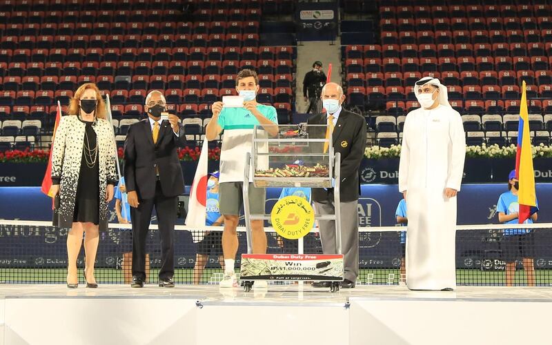 Aslan Karatsev at the Millennium Millionaire draw by Dubai Duty Free on Saturday evening, after bring crowned winner of the Dubai Duty Free Tennis Championships. Image: Dubai Duty Free.