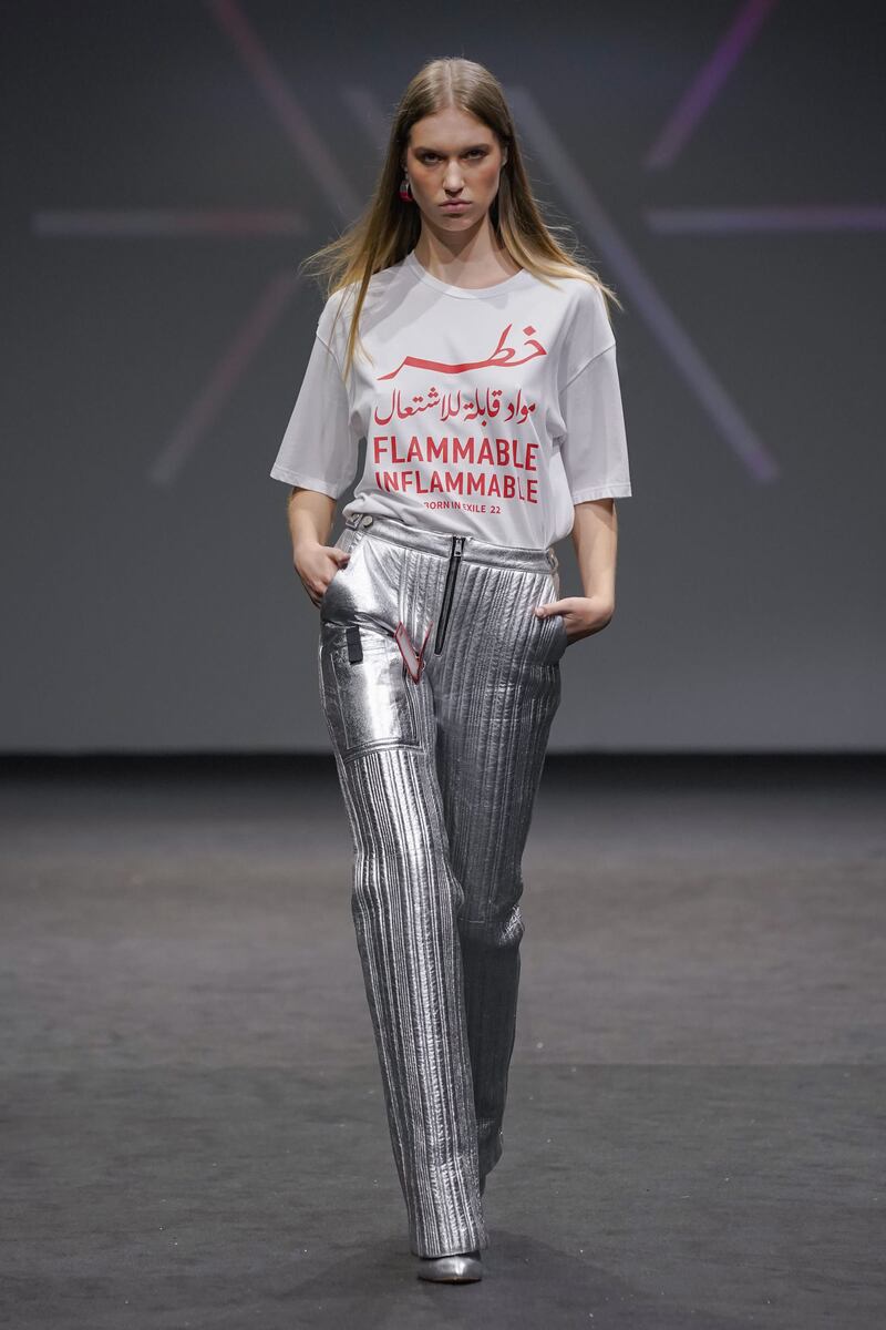 Born in Exile played on the 'Don't shoot' media T-shirt worn during the Lebanese Civil war,  at Arab Fashion Week.