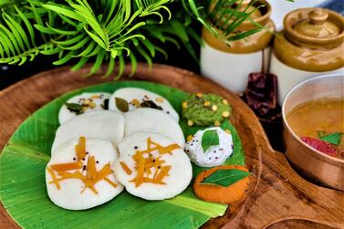 Idli is made from parboiled rice and black lentils, and served with colourful chutneys.