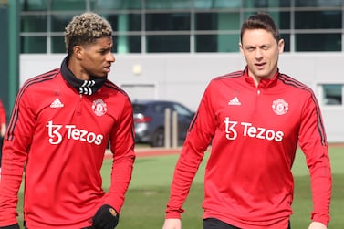 MANCHESTER, ENGLAND - MARCH 22: (EXCLUSIVE COVERAGE) Marcus Rashford and Nemanja Matic of Manchester United in action during a first team training session at Carrington Training Ground on March 22, 2022 in Manchester, England. (Photo by Tom Purslow/Manchester United via Getty Images)