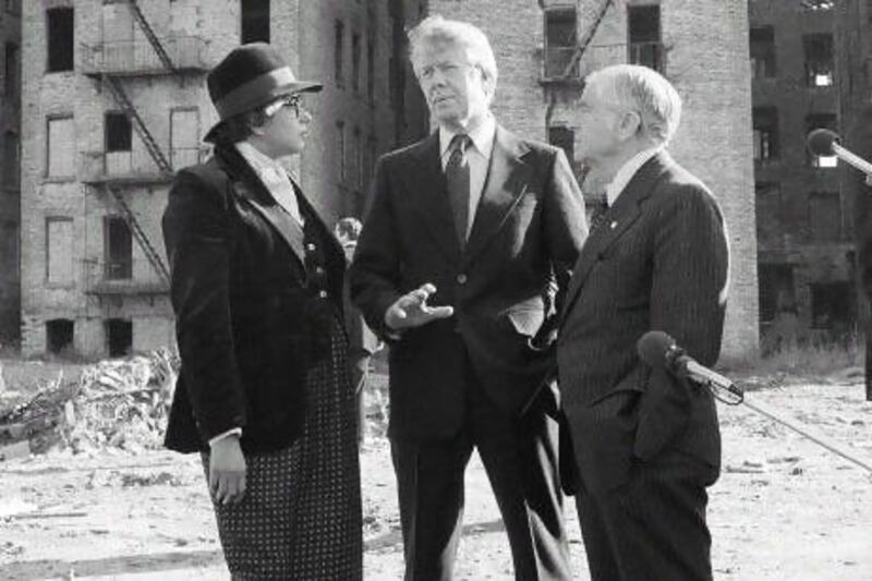 Jimmy Carter, centre; Abe Beame, New York mayor, right; and housing official Patricia Harris discuss the Bronx. AP Photo / Harvey Georges