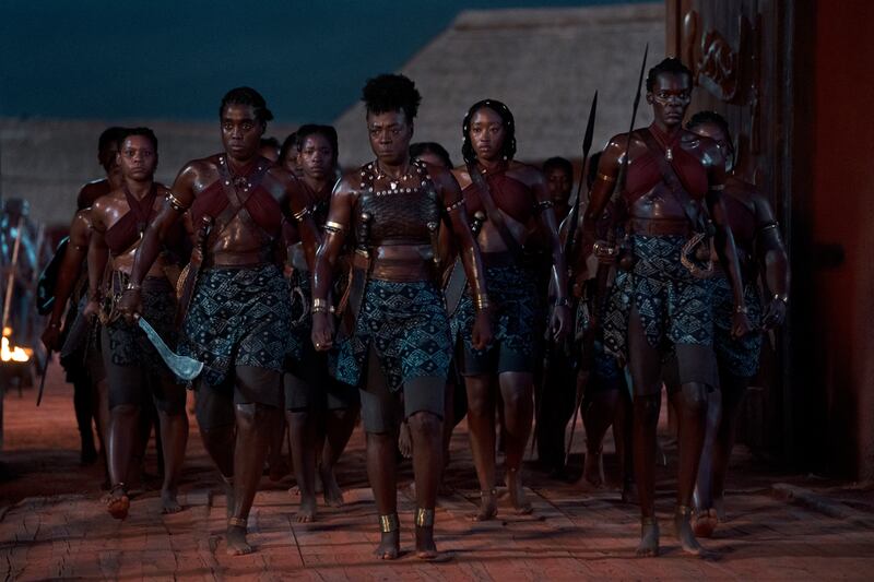 The film centres on a group of West African warriors determined to protect their way of life. First row from left, Lashana Lynch, Davis, Shelia Atim; second row from left, Sisipho Mbopa, Lone Motsomi and Chioma Umeala. 