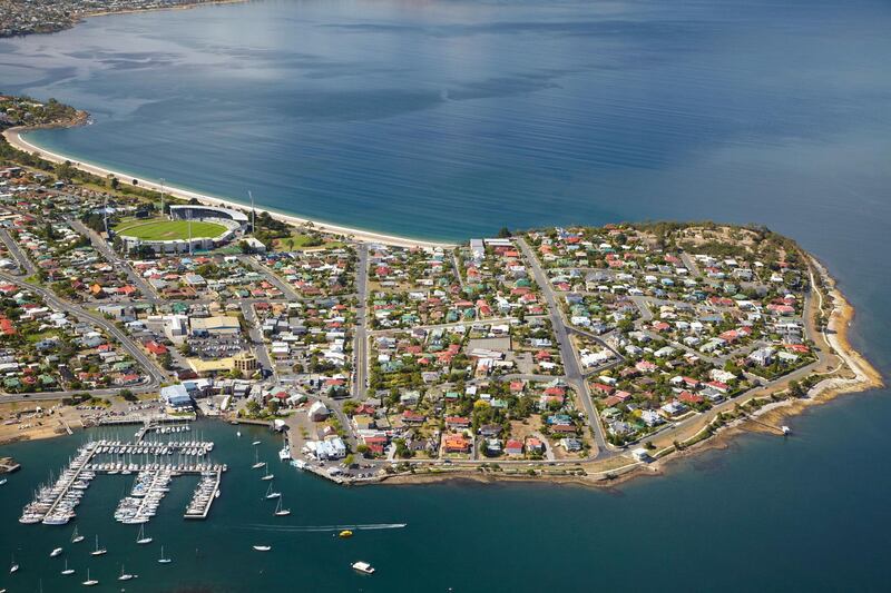 BK8PK5 Kangaroo Bay, Bellerive, and Kangaroo Bluff, River Derwent, Hobart, Tasmania, Australia - aerial