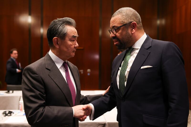 James Cleverly meets Wang Yi, China’s Foreign Minister once again, at the Munich Security Conference in February. His trip to Beijing next week could help thaw relations between London and Beijing. Photo: Simon Dawson / No10 Downing Street