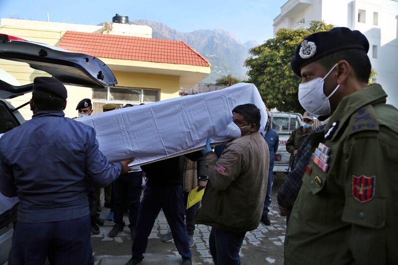 The coffin of one of the stampede victims at the hospital in Katra.  AP Photo