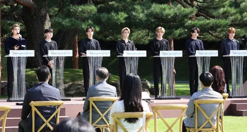 South Korean K-Pop group BTS attend a ceremony marking the National Youth Day at the presidential Blue House in Seoul, South Korea, Saturday, Sept. 19, 2020. Yonhap via AP