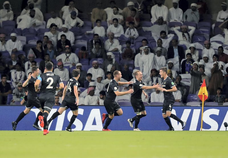Al Ain, United Arab Emirates - December 12, 2018: Mario Ilich of Wellington scores during the game between Al Ain and Team Wellington in the Fifa Club World Cup. Wednesday the 12th of December 2018 at the Hazza Bin Zayed Stadium, Al Ain. Chris Whiteoak / The National