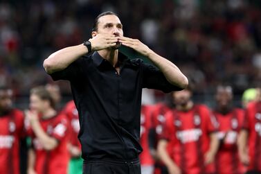 MILAN, ITALY - JUNE 04: Zlatan Ibrahimovic of AC Milan acknowledges fans after the Serie A match between AC MIlan and Hellas Verona at Stadio Giuseppe Meazza on June 04, 2023 in Milan, Italy. (Photo by Marco Luzzani / Getty Images)