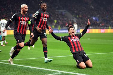 Soccer Football - Champions League - Round of 16 First Leg - AC Milan v Tottenham Hotspur - San Siro, Milan, Italy - February 14, 2023  AC Milan's Brahim Diaz celebrates scoring their first goal with Theo Hernandez and Rafael Leao REUTERS / Daniele Mascolo     TPX IMAGES OF THE DAY