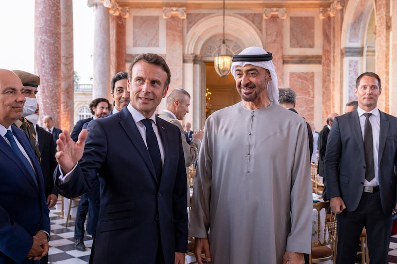 The President, Sheikh Mohamed, with French President, Emmanuel Macron, at the Versailles Grand Trianon in Versailles, during Sheikh Mohamed's visit to France in July. It was his first official trip abroad as President. Photo: Presidential Court 
