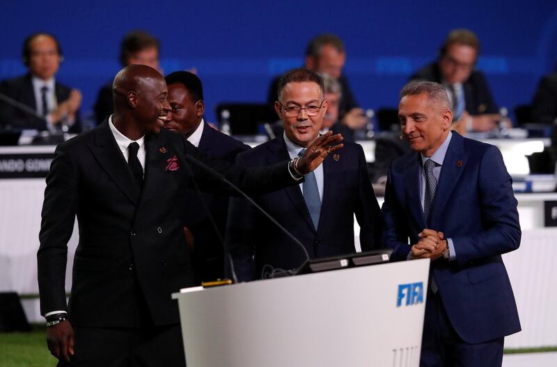 Officials, led by Chairman of the 2026 Morocco Bid Committee for the 2026 FIFA World Cup Moulay Hafid Elalamy, right, take part in a presentation during the 68th FIFA Congress in Moscow, Russia, on June 13, 2018. Sergei Karpukhin / Reuters