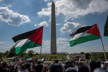Activists and protesters march in support of Palestine near the Washington monument in Washington. AFP