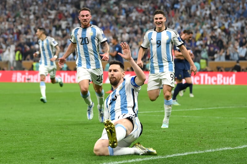 Lionel Messi celebrates after scoring for Argentina. Getty