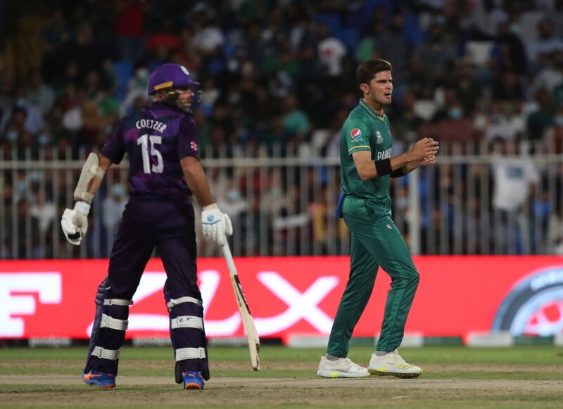 Pakistan's Shaheen Afridi, right, was among the wickets in Sharjah. AP