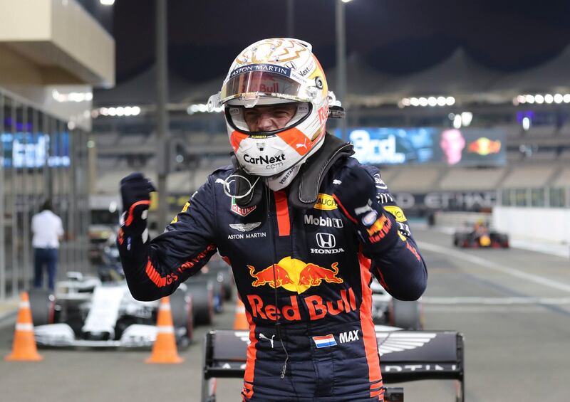 Red Bull driver Max Verstappen of the Netherlands celebrates pole position. PA