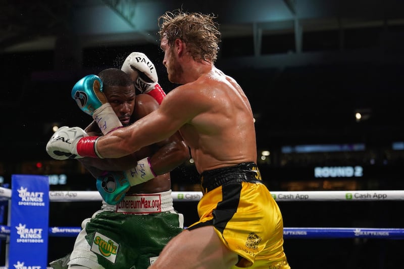 Floyd Mayweather fights Logan Paul during an exhibition boxing bout at Hard Rock Stadium. Reuters