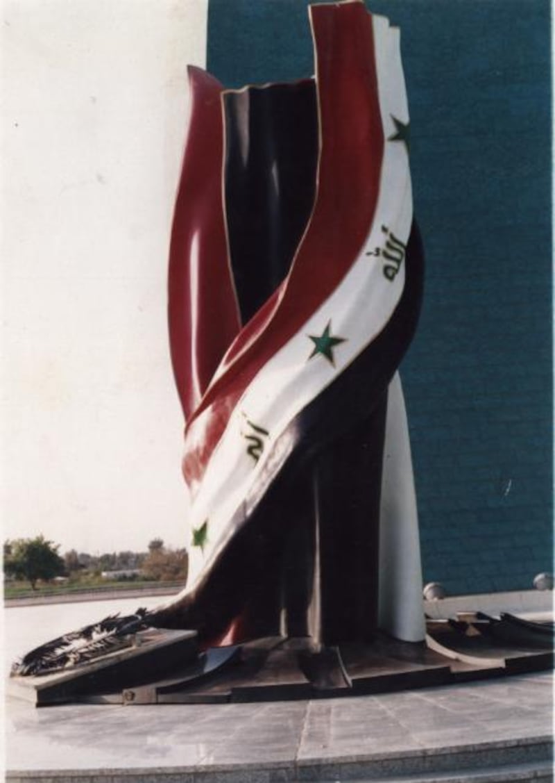 The 8-metre Statue of Iraqâ€™s Flag for The Martyrs Memorial â€œAl Shaheed Monumentâ€�. The Monument was dedicated to the Iraqi soldiers who died in the Iran-Iraq war and opened in 1983, Al Alousiâ€™s flag was placed in 1999.  Courtesy Natiq Al Alousi