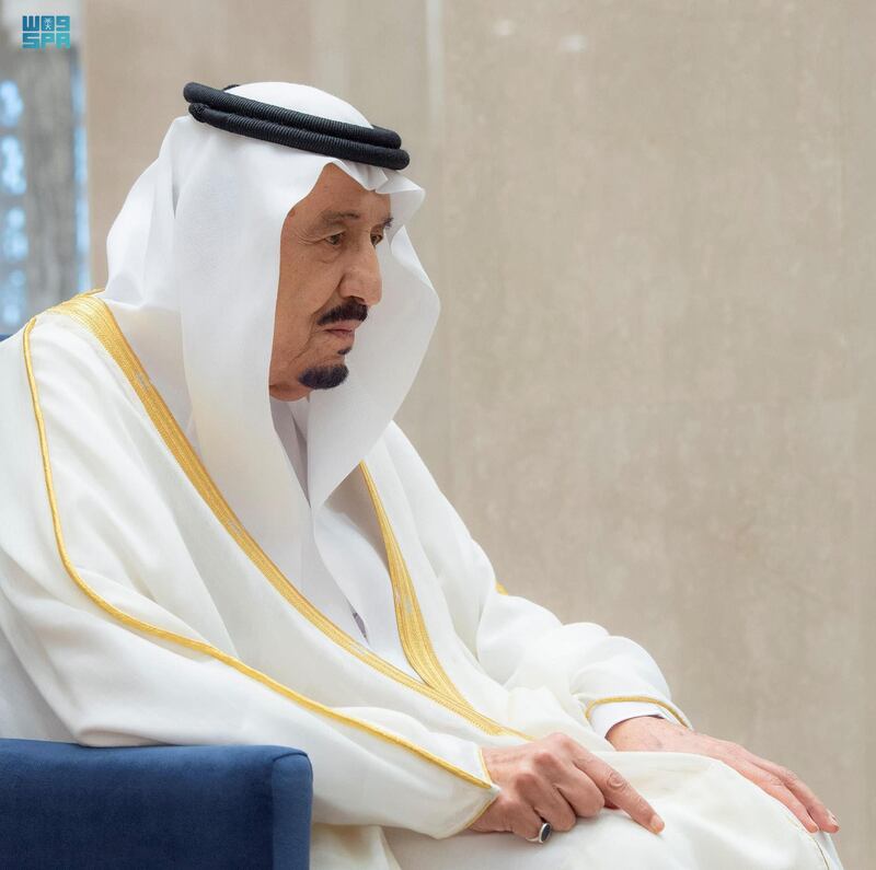 Saudi's King Salman performs prayers for Eid al-Fitr. SPA