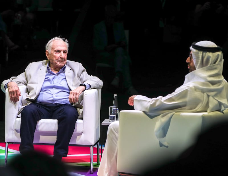 Mohamed Khalifa Al Mubarak, chairman of Abu Dhabi's Department of Culture and Tourism, in conversation with architect Frank Gehry, who designed Guggenheim Abu Dhabi, Gehry Partners. Victor Besa / The National