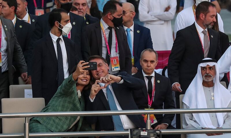 Sheikh Nahyan bin Mubarak, Minister of Tolerance and Coexistence, attends the session at the Expo alongside Mr Bolsonaro. EPA