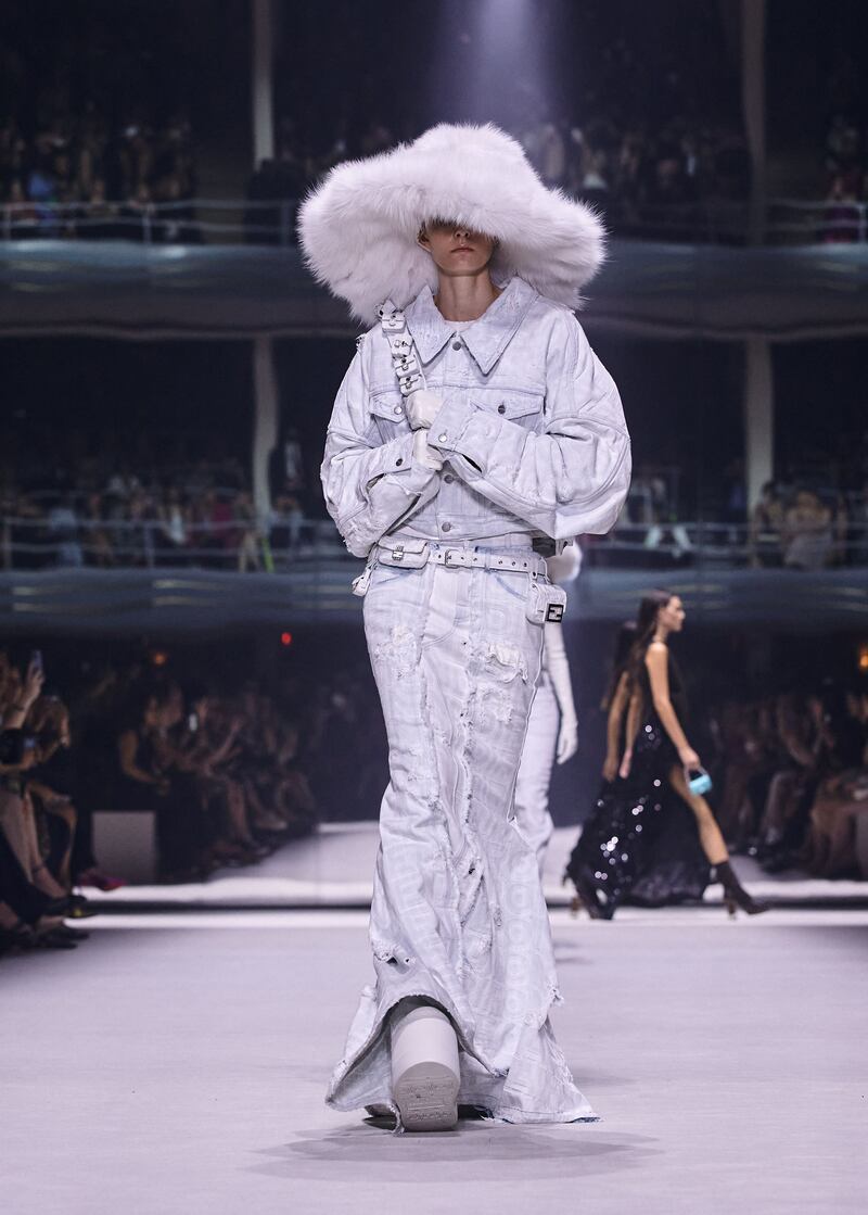 Oversized fur hats and denim jackets brought a distinctly noughties feel to the collection. AFP