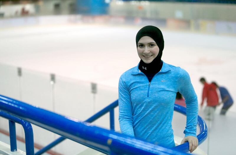 Ice skater Zahra Lari takes a break from her training at Zayed Sports City. Ravindranath K / The National