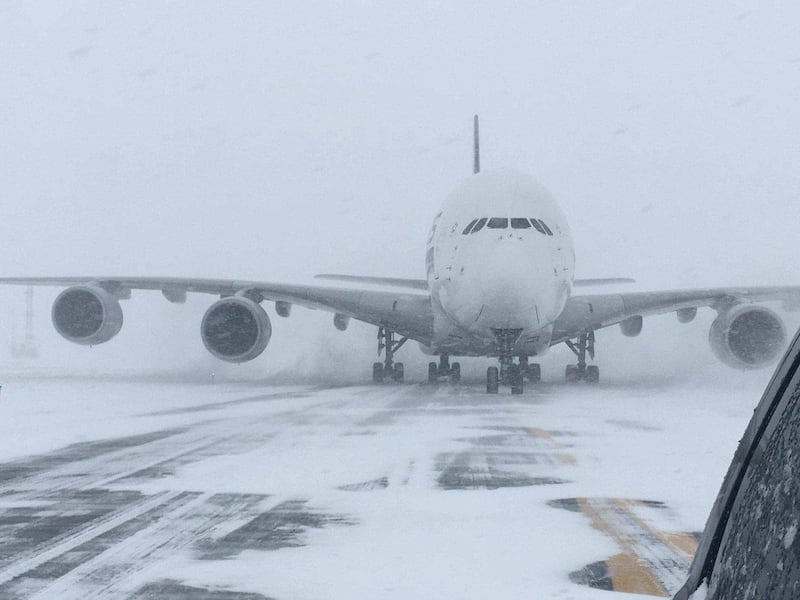 A Singapore Airlines Airbus A380, diverted from John F. Kennedy Airport during a winter storm, is shown on the runway after landing at Stewart International Airport in Newburgh, New York, U.S., January 4, 2018.   Courtesy of Stewart Airport/Handout via REUTERS  ATTENTION EDITORS - THIS IMAGE WAS PROVIDED BY A THIRD PARTY