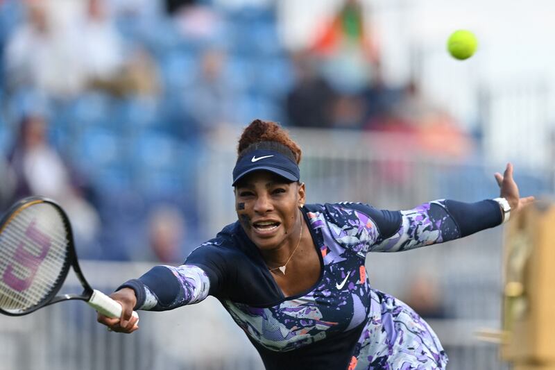 Serena Williams during her women's doubles match at Eastbourne. AFP