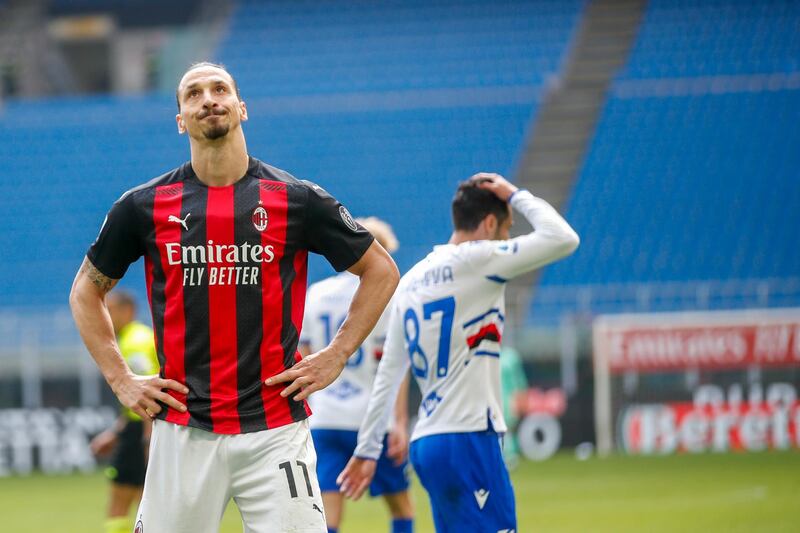 AC Milan's Zlatan Ibrahimovic reacts at the San Siro Stadium. AP