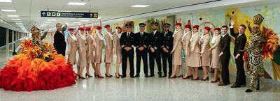 Samba dancers and Emirates crew at Rio de Janeiro Airport. Photo: Emirates