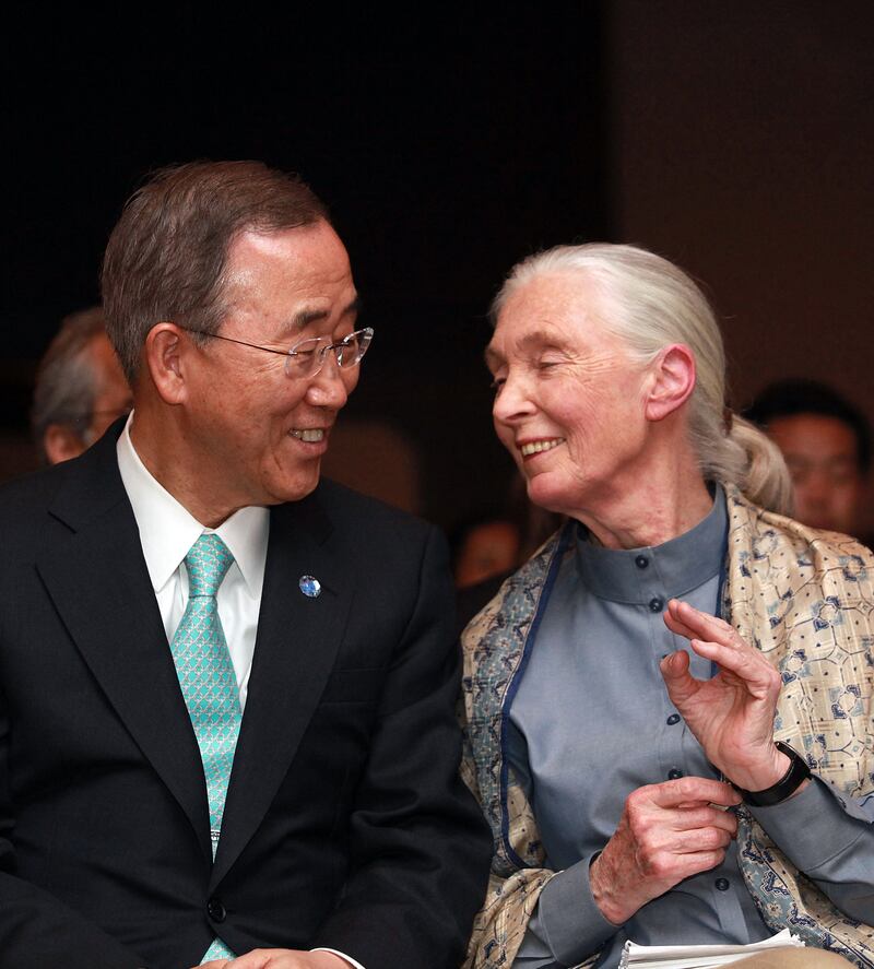 UN Secretary General Ban Ki Moon and Goodall at the United Nations Climate Change Conference and Cop17 conference in Durban on December 7, 2011. AFP