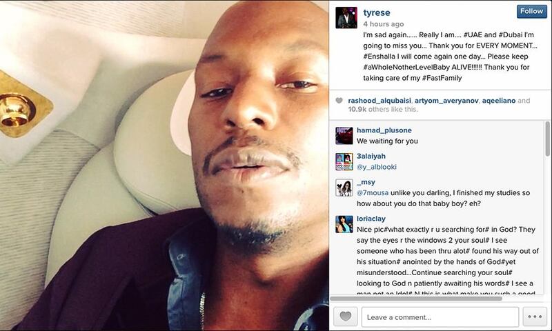 The post by Tyrese Gibson on his last day in the UAE after filming for Fast & Furiuos 7 ended.