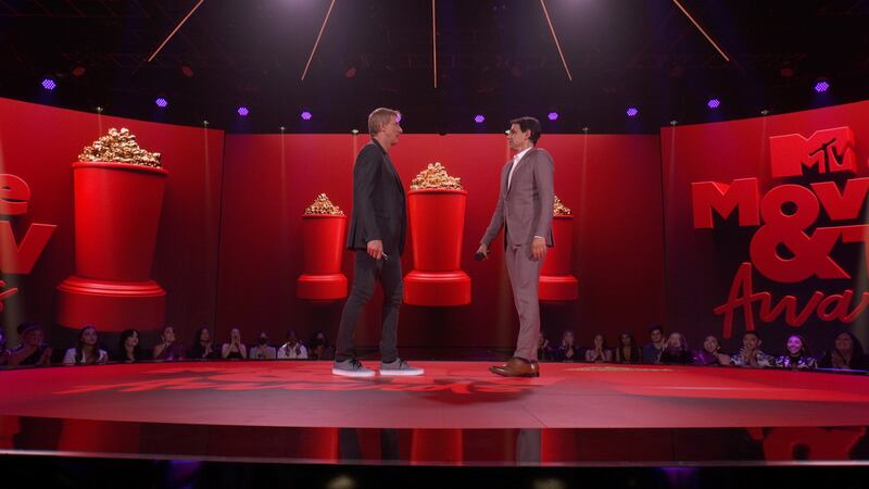 William Zabka and Ralph Macchio are seen on stage during the 2021 MTV Movie & TV Awards in Los Angeles, California on May 16, 2021. Reuters